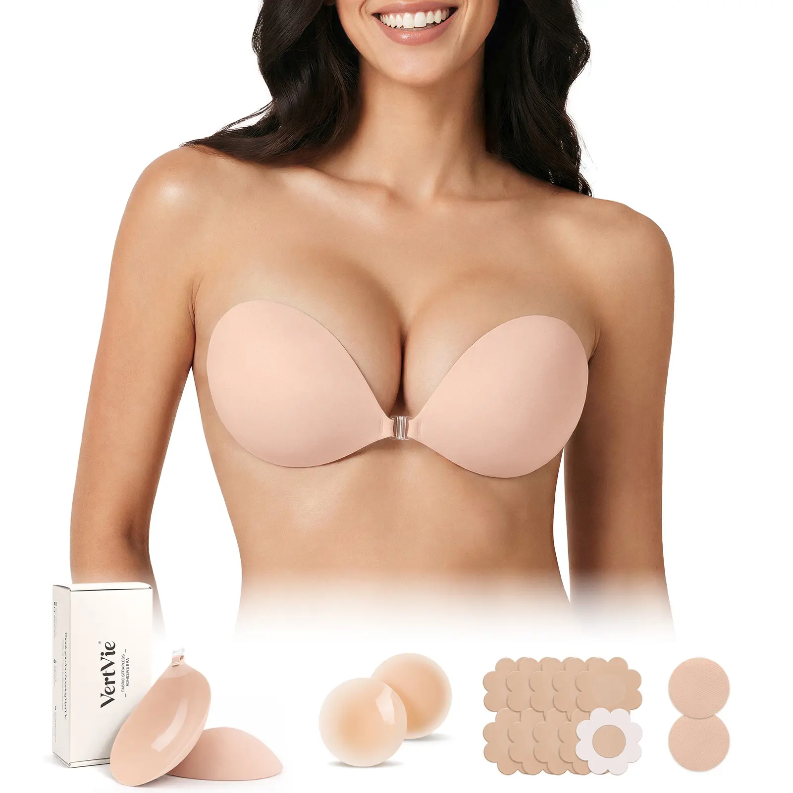Adhesive Bra Push-up Sticky Bra Invisible Strapless Reusable for Women Backless Dress Wedding Cleavage Lift Nipple Covers Includes Storage Board & Replaceable Nipple Pasties