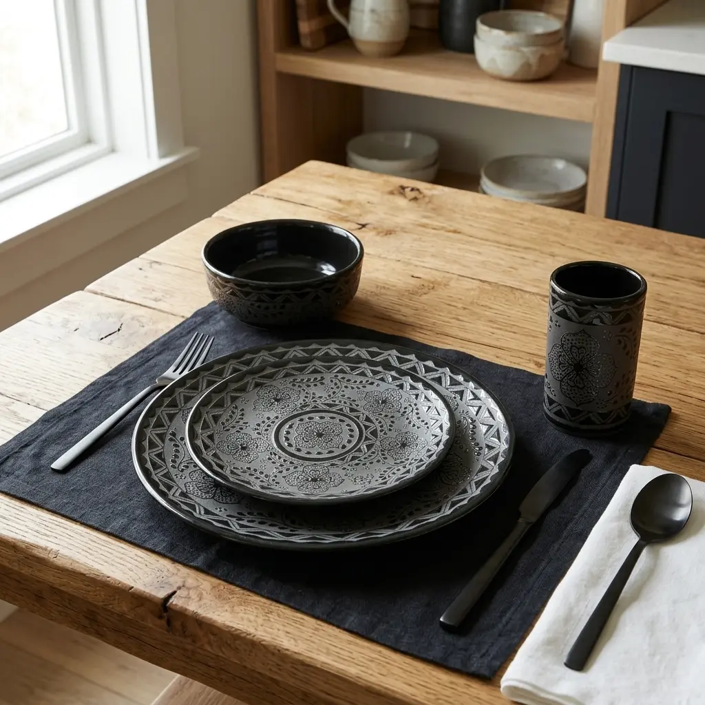 Black Stoneware 4-Piece Place Setting - 12oz Choice Cup, Plates, Bowl, Glossy Finish, Hand-Painted Handmade Mexican Pottery for Everyday Use, Mexico Inspired Lifestyle