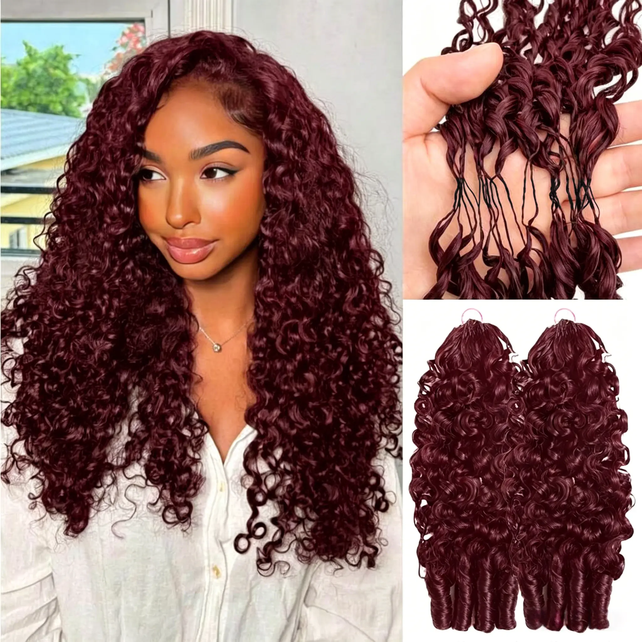 【New Color-99J】BLING HAIR  Burmese Curly 99J Burgundy Color & #33 Reddish Brown & #1B Nature Color  Crochet Human Hair 20 Inch 50g/Pack Pre-Separated Looped Feather Crochet Human Hair Bundles Knotless Invisble Human Crochets Hair Extensions for Women