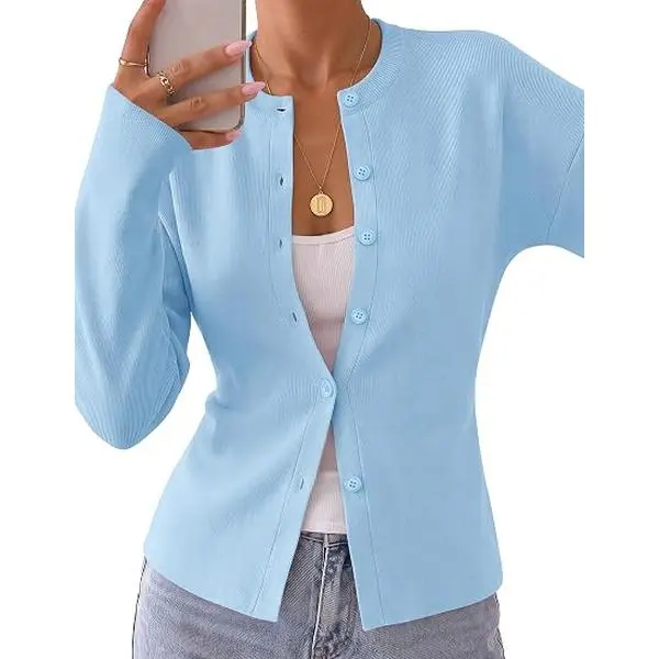 ZESICA Women's Fall Long Sleeve Button Ribbed Knit Fitted Cardigan Sweaters | 2026 Casual Open Front Comfy Soft Sweaters, Crew Neck Solid Color Slim Fit Knitwear, Business Office Fashion Outfits Clothes