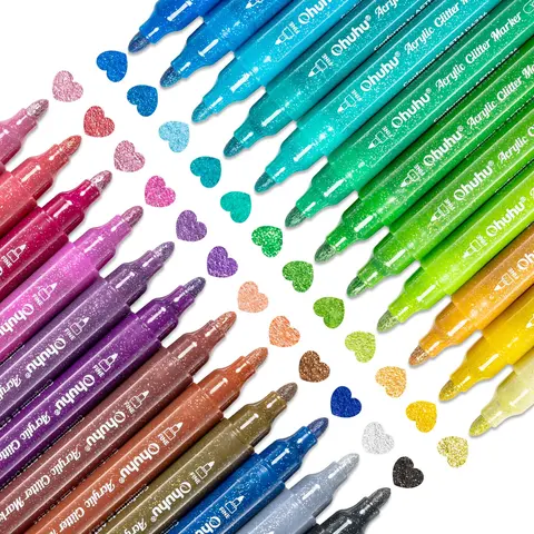 Ohuhu Acrylic Glitter Markers Pen: Fine Tip/Medium Fine Tip - 24 Metallic Glitter Colors - 0.7mm/3mm - Pens for Fine Details&Shimmer Accents, Water-Based&Quick Dry, for DIY Crafts, Cards, Journals, Wood & Rock Painting - Glitter Markers Series of Ohuhu