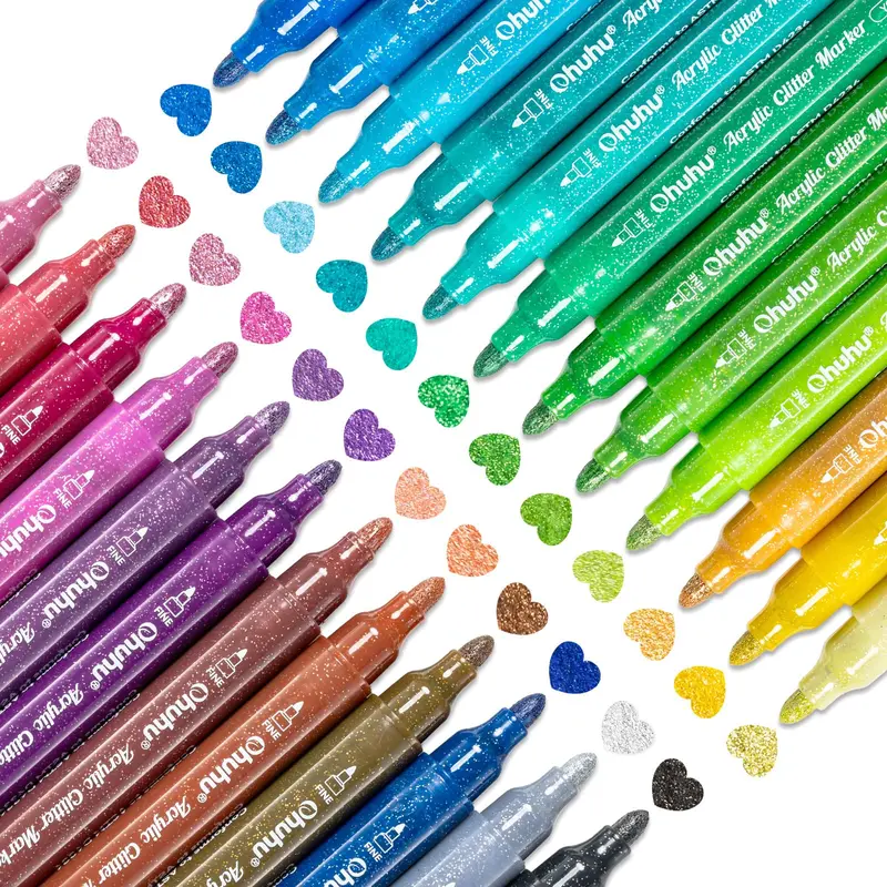 Ohuhu Acrylic Glitter Markers Pen: Fine Tip/Medium Fine Tip - 24 Metallic Glitter Colors - 0.7mm/3mm - Pens for Fine Details&Shimmer Accents, Water-Based&Quick Dry, for DIY Crafts, Cards, Journals, Wood & Rock Painting - Glitter Markers Series of Ohuhu
