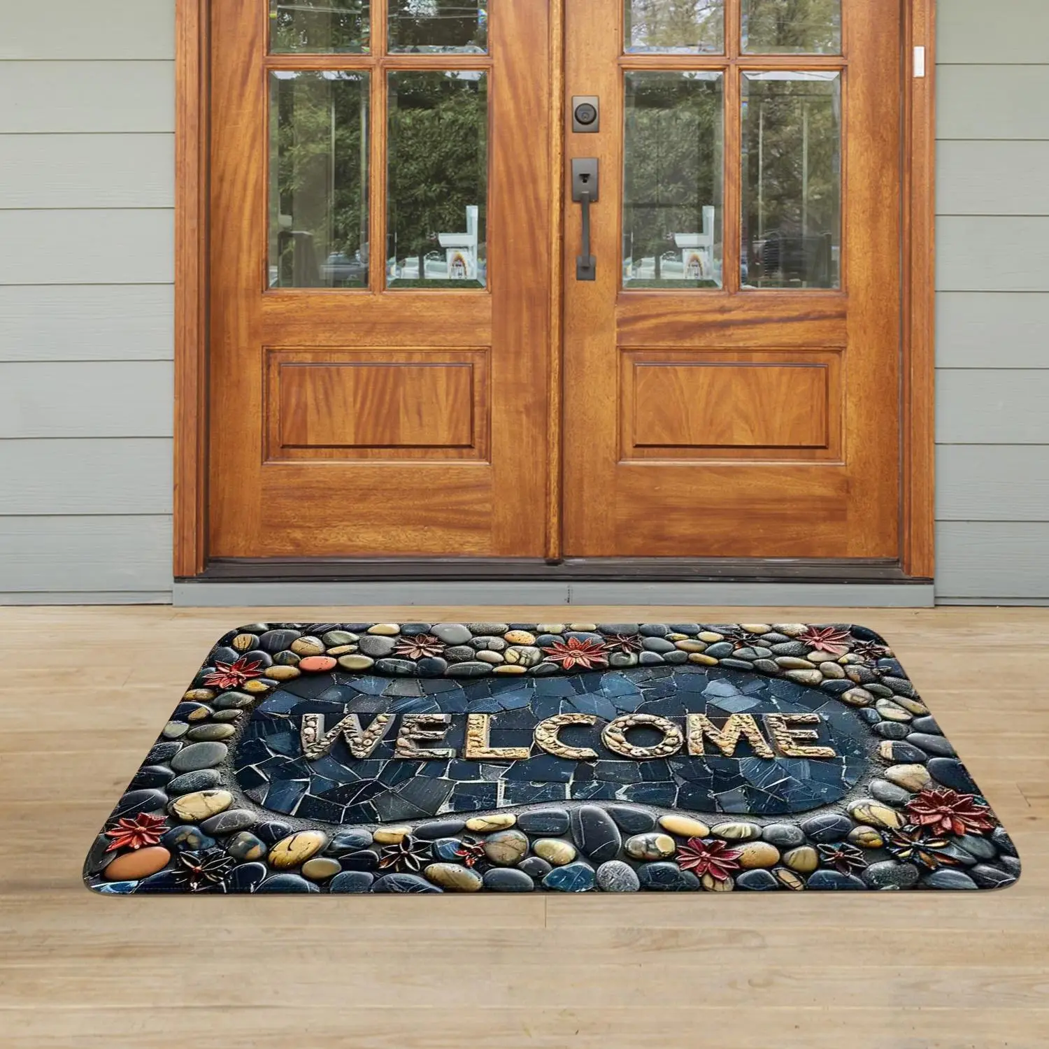 Rustic Boho Stone Print Decorative Doormat - Super Soft, Non-Slip Cushioned Home Rug, Easy-to-Clean Versatile Indoor-Outdoor Mat for Porch Entryway, Living Room