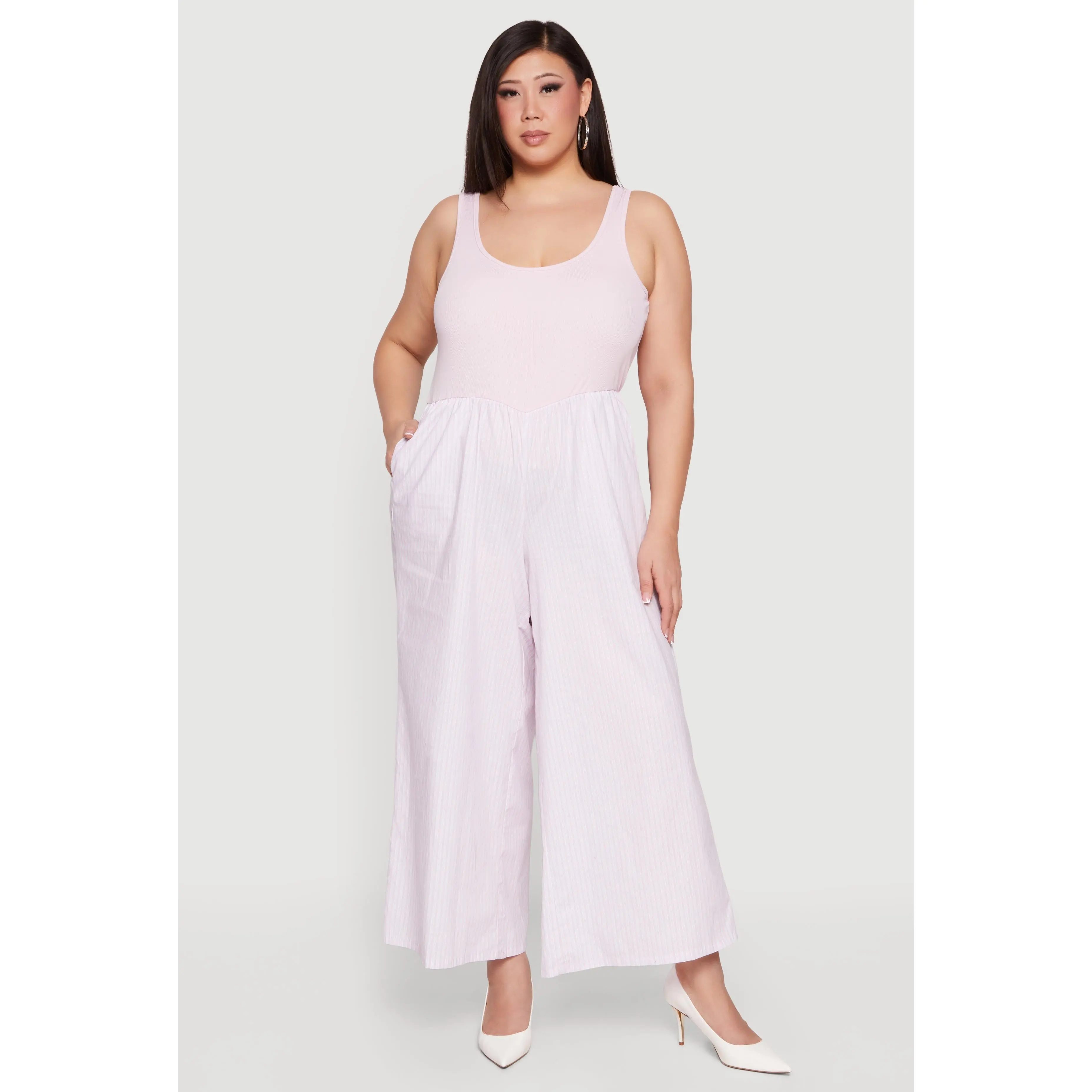 Plus Size Sleeveless Striped Ribbed Knit Jumpsuit