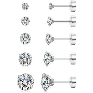 FLORIDECO 5Pairs Surgical Steel Cubic Zirconia Hypoallergenic Stud Earrings for Women Men Girls Statement Cartilage Fashion Helix Earrings Daily Jewelry