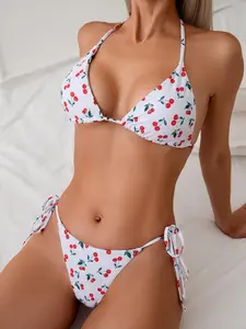 Women's Cherry Print Tie Back Bikini Set, Boho Halter Triangle Swim Top & Tie Side Swim Bottom, Ladies Summer Swimwear Swimsuit for Beach Holiday Vacation