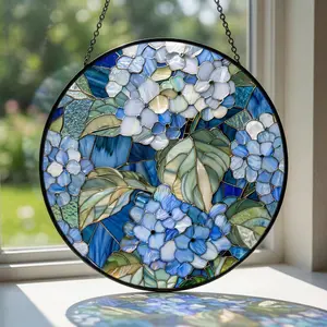 Blue Hydrangea Stained Glass Suncatcher, Wildflower Floral Window Hanging, Vintage Aesthetic Sun Catcher, Garden Decor Gift f