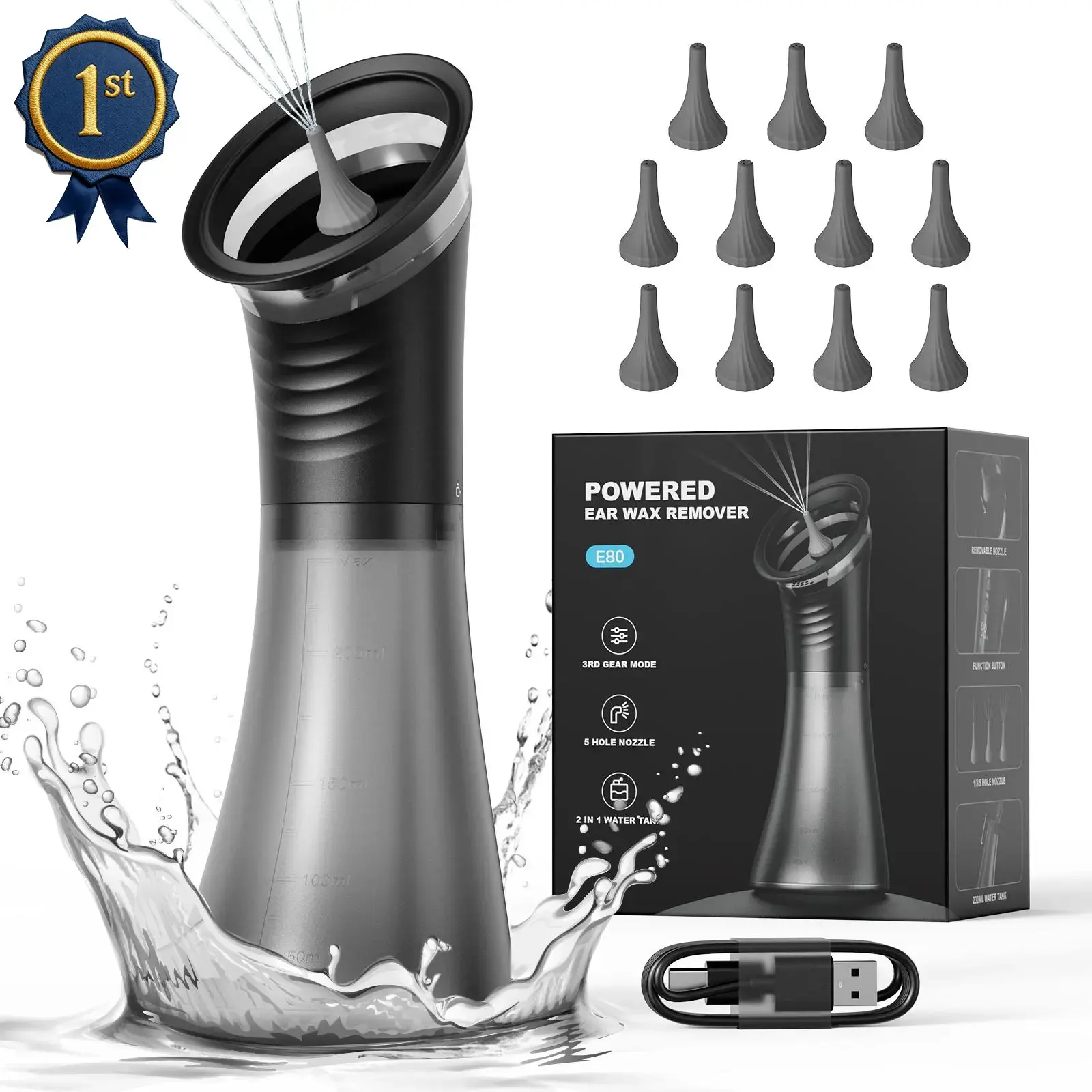 Electric Ear Wax Removal Kit with 2-in-1 Integrated Tank, Rechargeable Ear Cleaner with 4 Pressure Modes, IPX7 Waterproof for Safe Canal Irrigation, Ear Wax Removal Solutions, Removal Tool Kit Earwax Removal Products