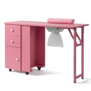 Professional Nail Table,Nail Desk Folding Table, Pink MDF Manicure Station w/ 2 Drawers & 1 Door Cabinet for Nail Art Salon Home Beauty,Color Pink