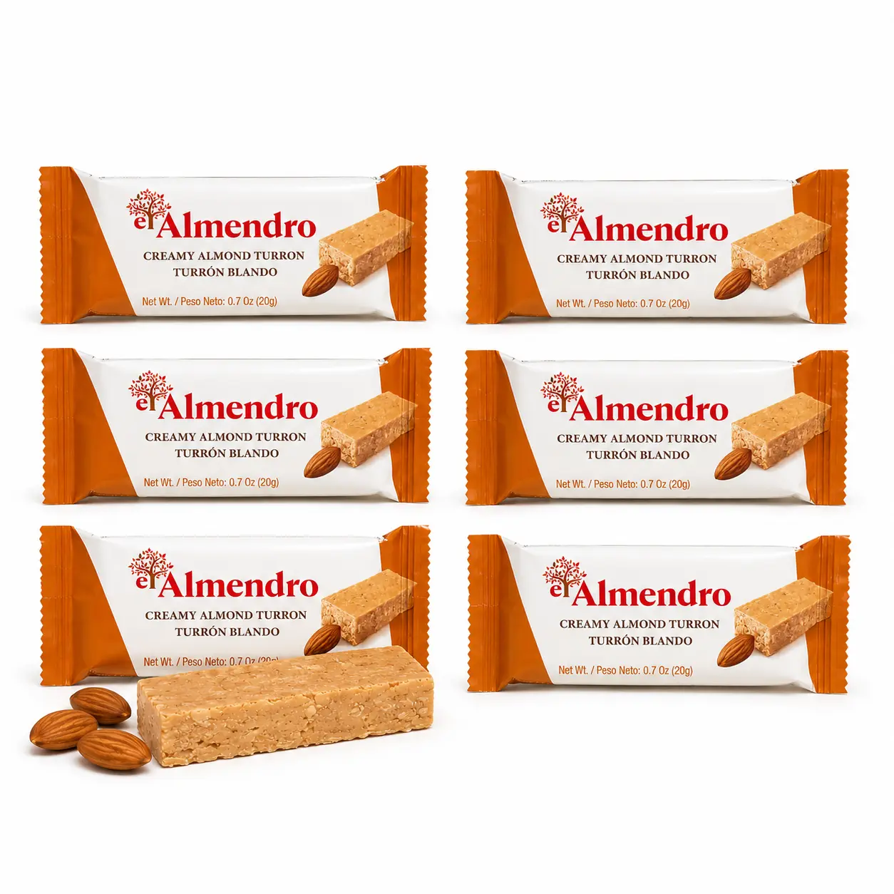 El Almendro Creamy Almond Turron Blando Bars - Traditional Spanish Candy from Spain, .7 oz Each, 6 Individually Wrapped, 67% Selected Almonds, Gluten Free, Thoughtful Gift for Holiday Baskets, Dessert