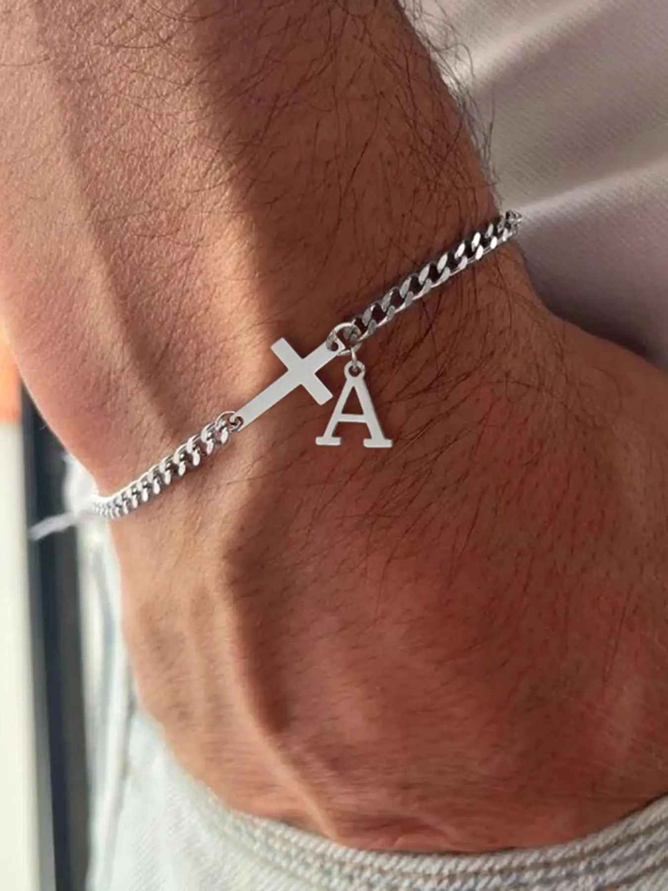 Men's Fashion Simple Cross Charm Decor Bracelet, 2025 New Style Casual Trendy Letter Design Bracelet, Fashion Matching Bracelet for Daily Wear