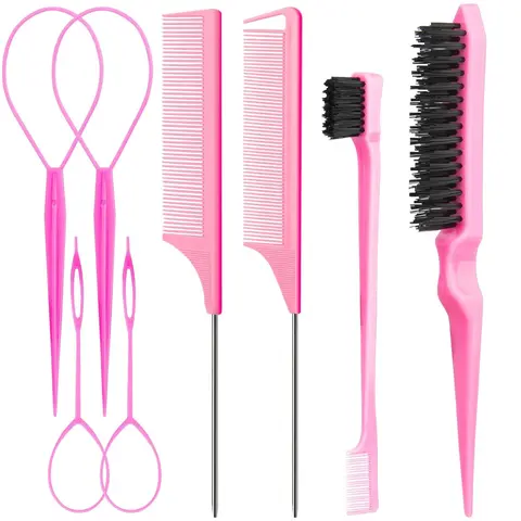 Women's Durable 8-Piece Heatless Haircare Tools Set (4 & Above Pieces) - Female Hair Brushes & Combs for Braids Hairstyles, All Hair Types, Includes 4 Topsy Tail Tools, 1 Teasing Bristle, 1 Edge Control, 2 Metal Pin Rat Tail Combs