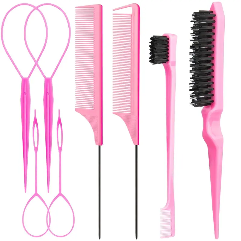 Women's Durable 8-Piece Heatless Haircare Tools Set (4 & Above Pieces) - Female Hair Brushes & Combs for Braids Hairstyles, All Hair Types, Includes 4 Topsy Tail Tools, 1 Teasing Bristle, 1 Edge Control, 2 Metal Pin Rat Tail Combs