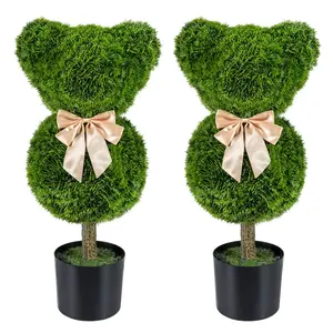 COSTWAY 2 Pcs Teddy Bear Topiary Trees, Sun-Resistant Faux Boxwood Bush with Bowknot & Ears, Decorative Animal Shaped Shrubs for Indoor Outdoor, Porch, Patio, Entryway