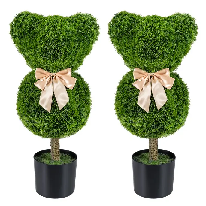 COSTWAY 2 Pcs Teddy Bear Topiary Trees, Sun-Resistant Faux Boxwood Bush with Bowknot & Ears, Decorative Animal Shaped Shrubs for Indoor Outdoor, Porch, Patio, Entryway