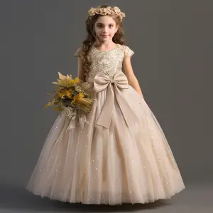 Teen Girls Princess Bridesmaid Embroidery Sequin Wedding Dress Chistmas Party Flower Kids Birthday Big Bow Long Prom Gowns 4 6 8 10 Y