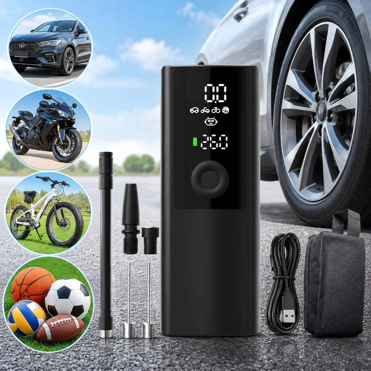 Portable Electric Air Pump, 3-in-1 Multifunctional Portable Air Pump,Tire Inflator with LCD Digital Display & LED Flashlight, Cordless Air Compressor for Car, Motorcycle, Bicycle Tires and Sports Balls