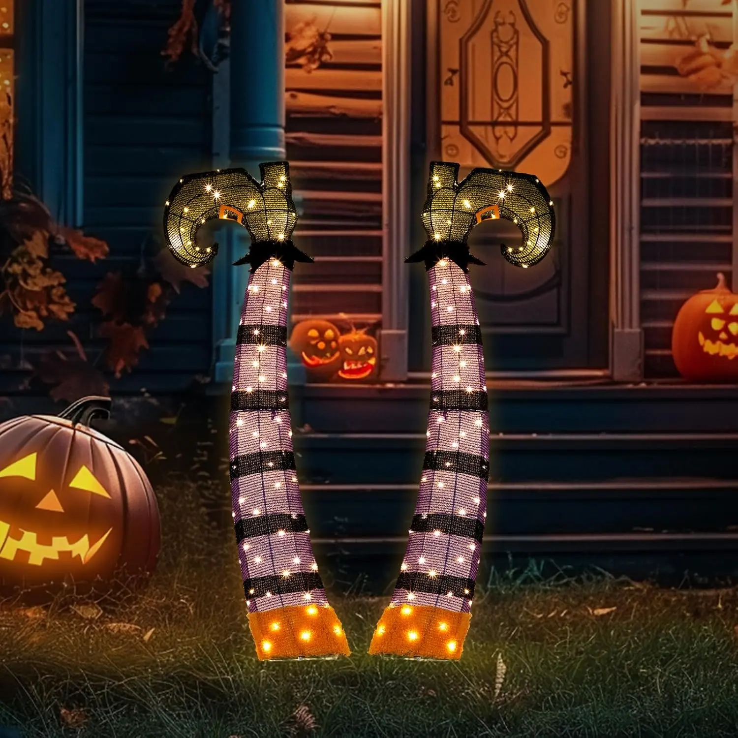 Ubesgoo 2-PCS 4FT Lighted Witch Halloween Decorations, Witch Legs for Bushes with Yard Stakes Pre-lit 160 LEDs, Light Up Witches Legs Decoration for Yard Lawn Garden