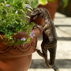 1pc Dinosaur Sculpture Flower Pot Hook, Tyrannosaurus Rex Climbing Decoration, Resin Garden Statue for Plant Flower Pots and Vases, Non-Electric Wall Hanging Creative Dinosaur Statue for Home and Office Decoration
