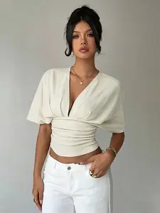 Soft and comfortable fabric wrapped top, deep V-neck, bat sleeves, pleated cut! Super slim fit, closely following curves, tightening the waist. Perfect for casual outings, date nights, or office wear. It is an essential aesthetic item for every wardrobe.