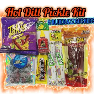 Hot Dill Pickle Kit with Blue Razz Gushers Liquid Lucas Pulparindo Limon7 PicaLimon Fruit Roll Ups & Takis or Hot Cheetos Snack Candy Kit Chili Candy Tx