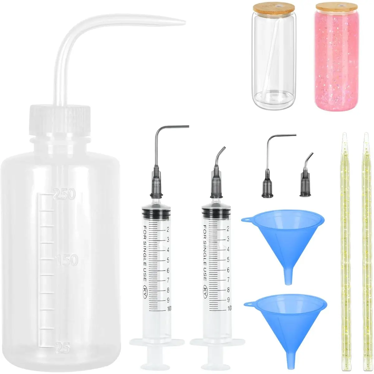 11-Piece Snowflake Glass Cup Craft Set, Sewing Tool Kit with Bent Needles, Syringe, Squeeze Bottle, Large Funnel, Double-Headed Dead Skin Push for Making Sparkling Snowflake Glass Ball Cups