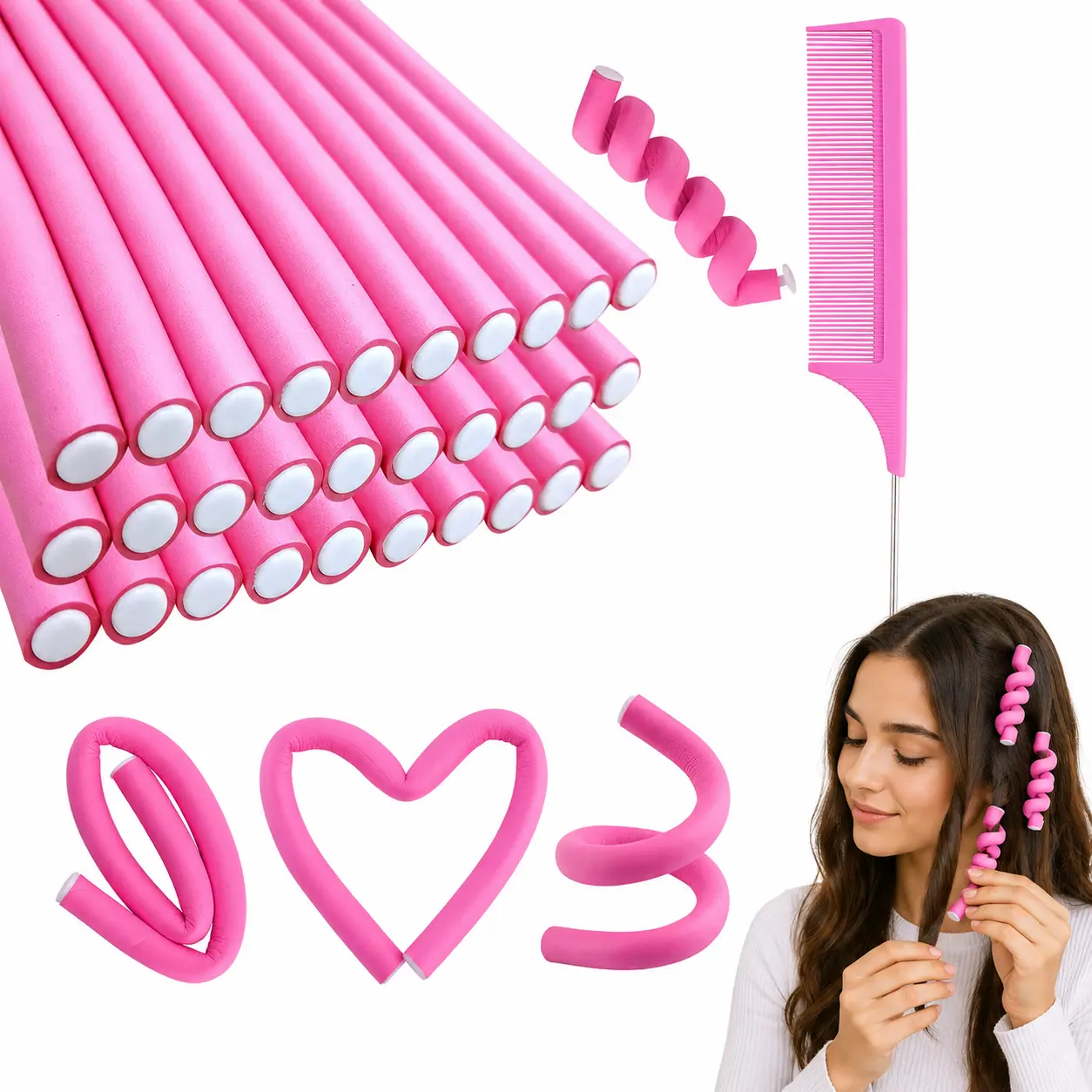 30PCS 9.45-Inch Flexi Rod Curlers Set, No-Heat Foam Hair Rollers for Short & Long Hair, Flexible Curling Rods with Steel Comb, DIY Hair Styling Tools