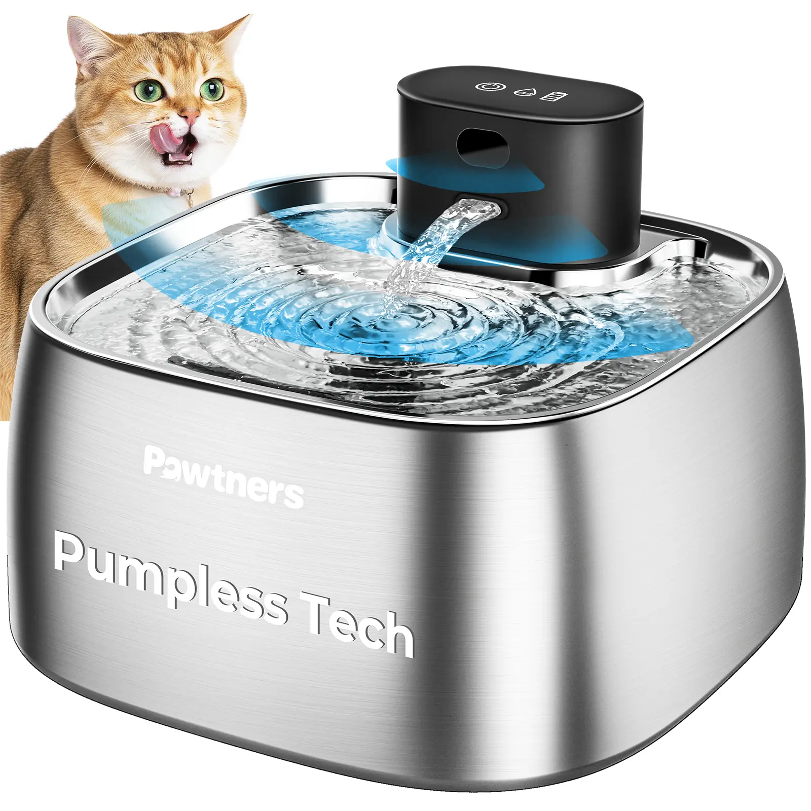 Pawtners 108oz/3.2L Wireless Automatic Water Feeder for Cats & Dogs, Stainless Steel Windowless Safe Drink Dispenser with 150° Motion Sensor, Quiet Pump-Free Leakproof Drinking Water Bowl with Smart Indicator Light