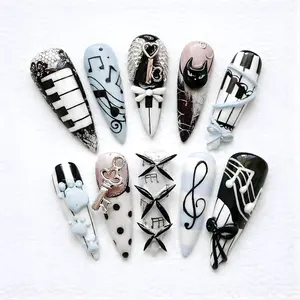 Gothic Music Press On Nails | Piano Key Angel Wing 3D Charm Set | Black Cat Romantic Statement Nails
