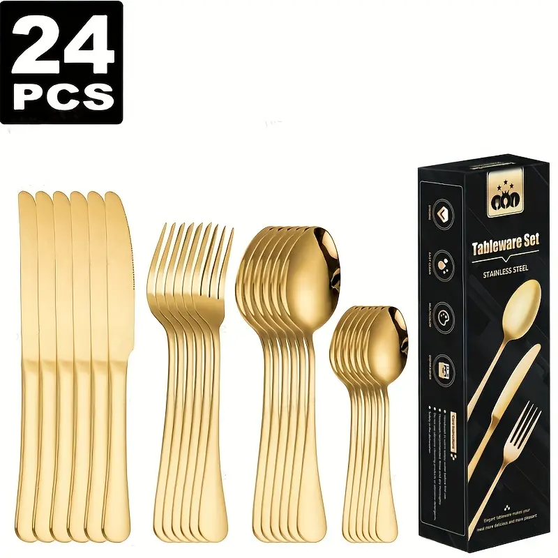 A set of 24 pieces,  gold tableware sets, including knife, fork and spoon sets, with steak knives. A 4-person tableware set, suitable for weddings, parties, kitchens, restaurants, Thanksgiving, Easter, kitchen tools, and dishwasher-safe.