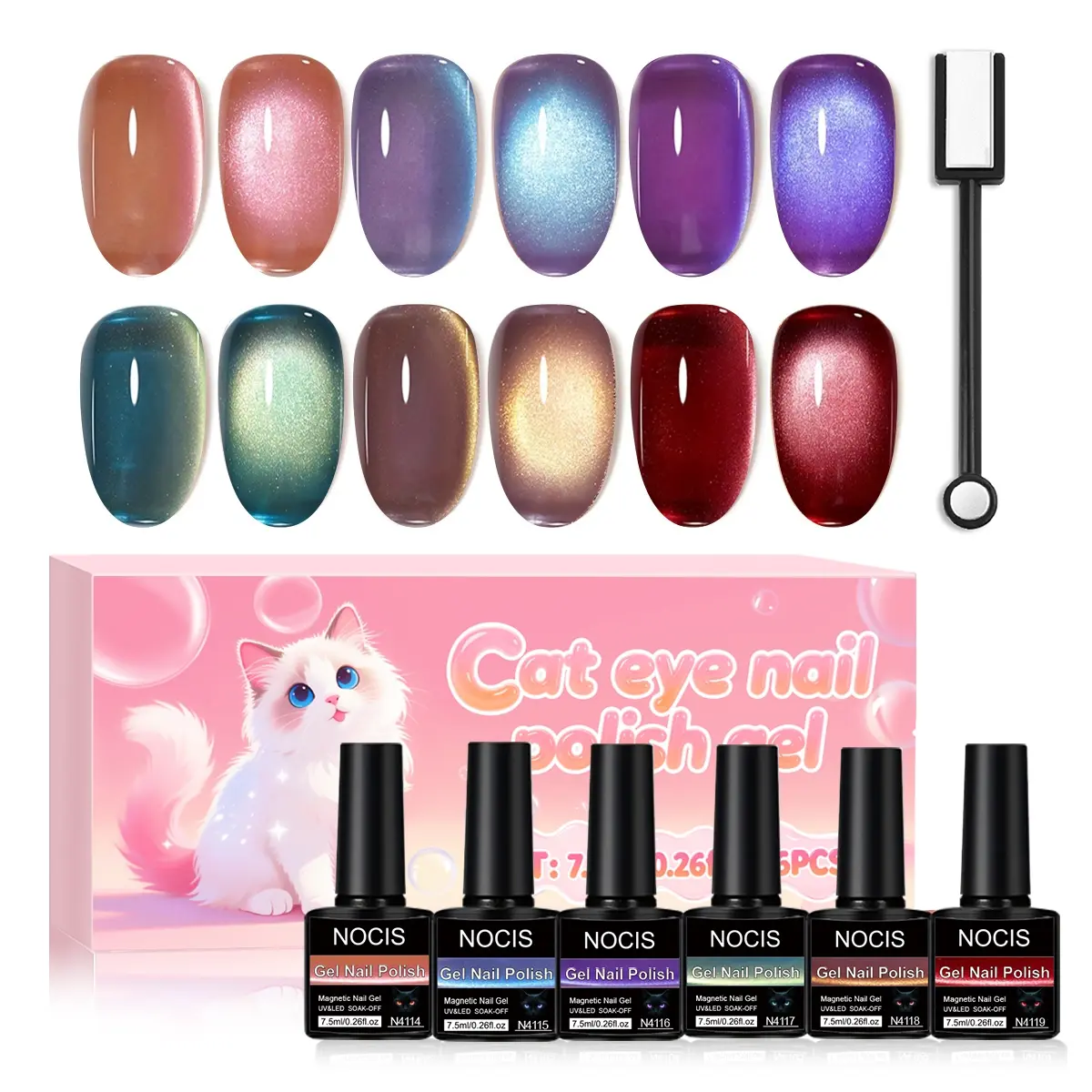 NOCIS 6-Color Magnetic Cat Eye Gel Nail Polish Set - Holographic Glitter Shimmer & Light-Reactive Nail Art Kit with Magnet | 0.25oz Same-Color Bottles | Salon-Quality Manicure & Pedicure Nail Care for At-Home Enjoyment, Gel Based Nail Supplies