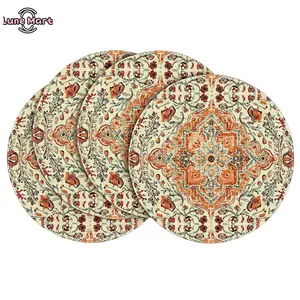 Bohemian Round Placemat Set, 1/2/4PCS 14-Inch Orange & Teal Flower Boho Table Mats for Party, Kitchen Dining Decoration