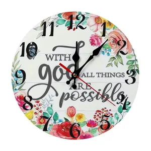 12 Inch "With God All Things Are Possible" Floral Wooden Wall Clock | Silent Non-Ticking Christian Religious Decor, No Battery Included, Perfect for Home, Church, Prayer Room