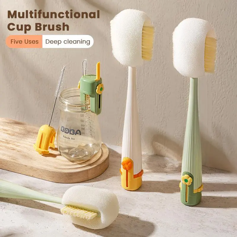 5-in-1 Silicone Bottle Cleaning Brush Set with Gentle Bristles, Scrubber for Water Bottles, Lids, and Tight Gaps, Includes Straw Cleaner (Cream White)