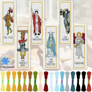 Tarot Theme Cross Stitch Bookmark DIY Kit, Includes 6 Printed Fabric Panels, Embroidery Threads, Tools, Perfect Gift for Beginners