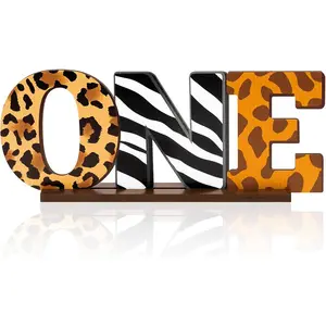 Jungle Wildlife Park Animal Letter Logo Table Decoration, Wooden Centerpiece with Leopard Zebra Giraffe Print, Perfect for Birthday Party