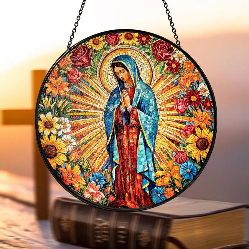 Lady of Guadalupe Stained-Glass Suncatcher, Mexican-Inspired Window Hanging Decor, Vibrant Sunlit Art Piece, Religious Virgin Mary Catholic Gift for Home Blessing
