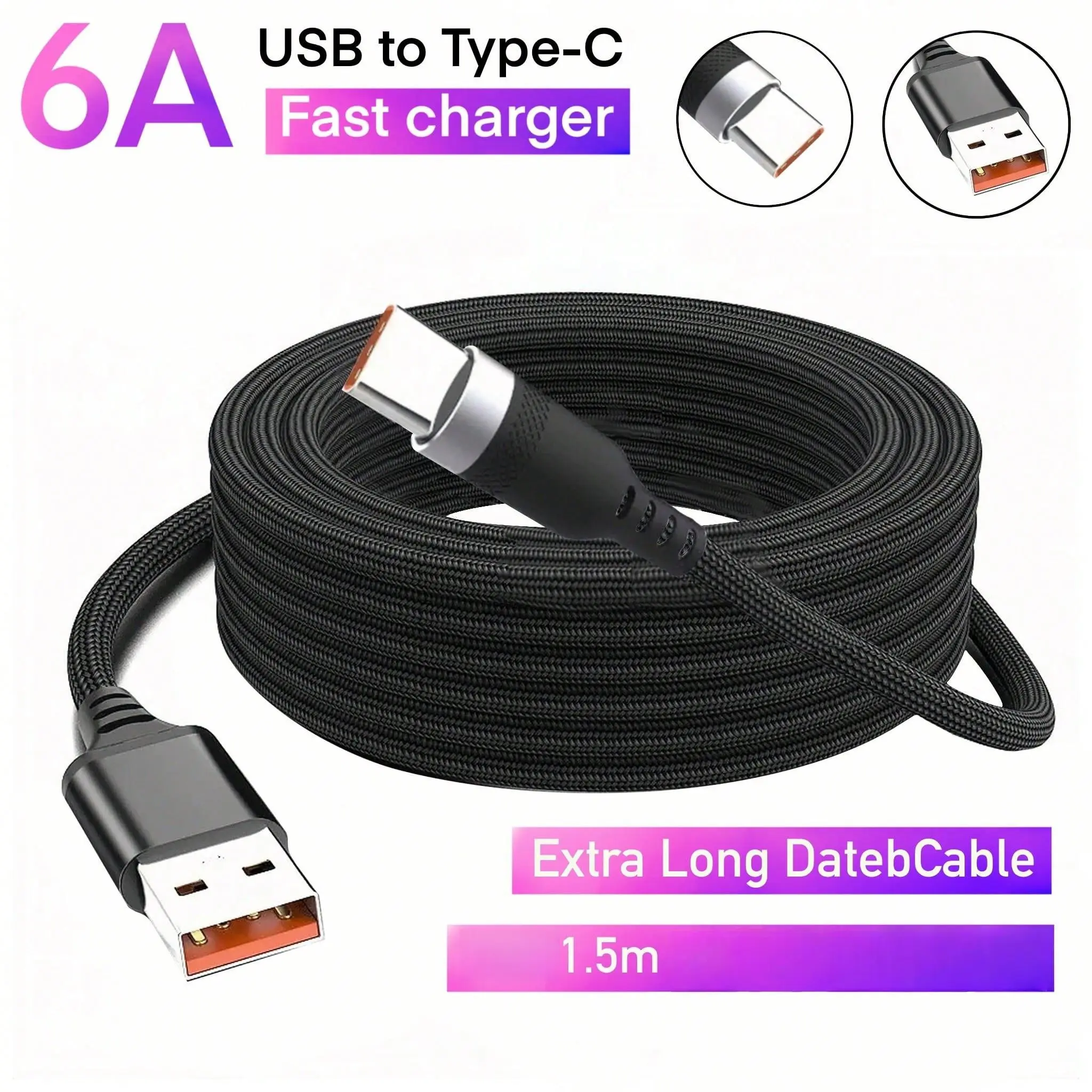 USB to Type-C Fast Charging Cable, Nylon Braided Durable Extended Line, 1-8m/3.3-26.25ft, Multiple Sizes Available, Car Charger & Data Transfer
