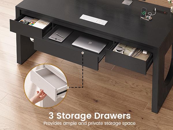 SEDETA 55 Inch Modern Office Desk with 3 Drawers Executive Desk with U-Shaped Legs Wood Computer Desk with Power Outlet Home Office Desks with Relief Texture