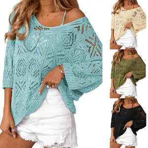 Women's Boho Crochet Knit Sweater – Sexy V-Neck Hollow Out Pullover Top, Lightweight 3/4 Sleeve Loose Fit Knitwear, Summer Beach Cover Up & Casual Spring Jumper,summervibes