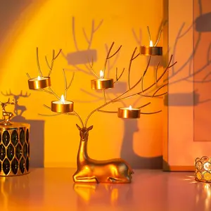 Gold Christmas Deer Tealight Holder - 5 Metal Candlesticks Stand for Dinning Room Table Centerpieces, 3D Tree Shaped Wedding Party Decorations, Safe Fine Metal Xmas Decorative Candle Holders