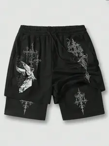 Men's Double-Layer Angel & Gothic Cross Graphic Shorts | Dark Academia Streetwear | Trendy Layered Design | Perfect for Urban Style & Casual Outfits | Comfortable Drawstring Sweat Shorts
