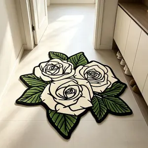 Vintage Cream Rose Shaped Rug, French Luxury Floral Living Room Bedroom Carpet, Soft Comfortable Mat for Coffee Table Sofa Tea Table Dressing Room
