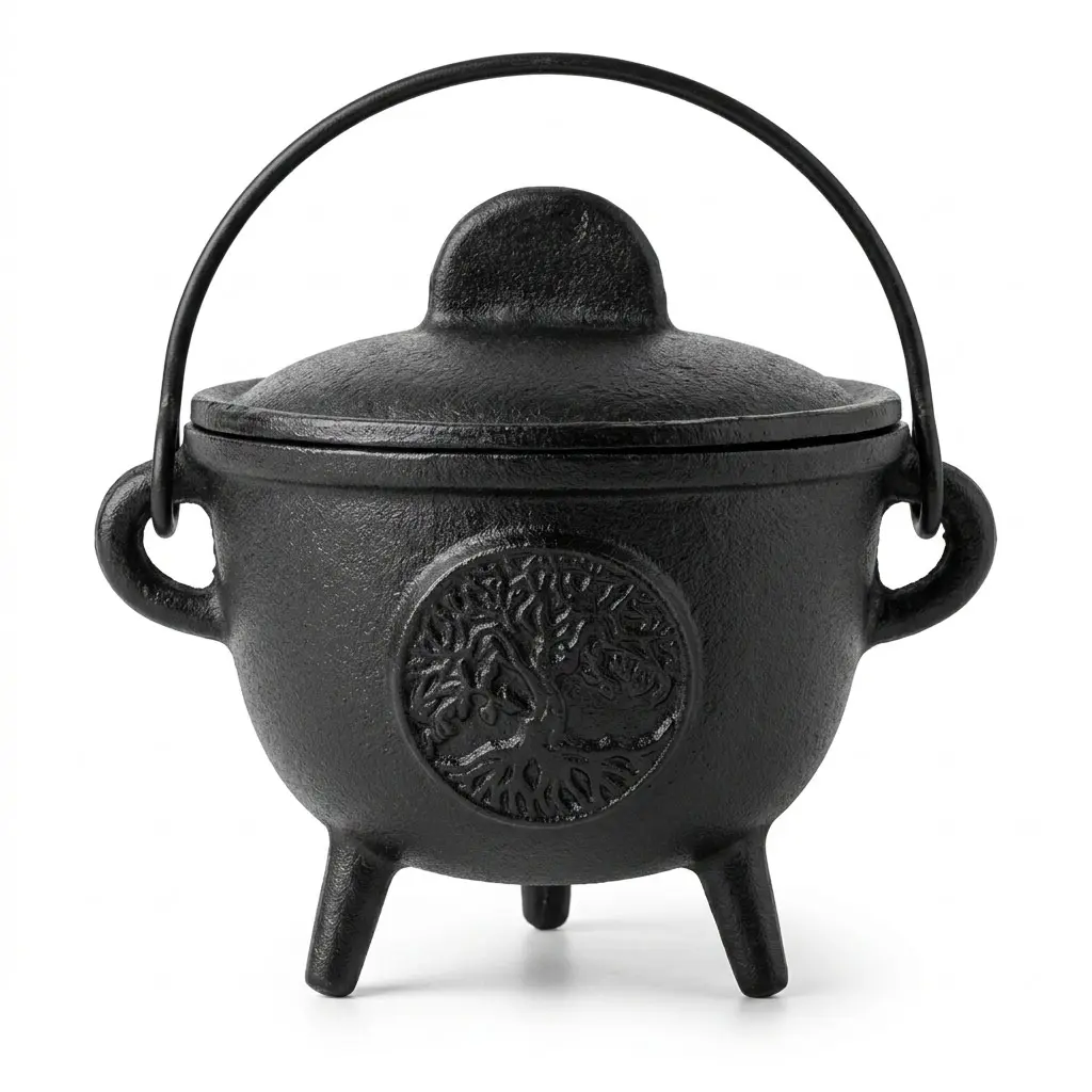 Tree of Life Cast Iron Cauldron with Lid — 5 Inch Ritual Altar Cauldron