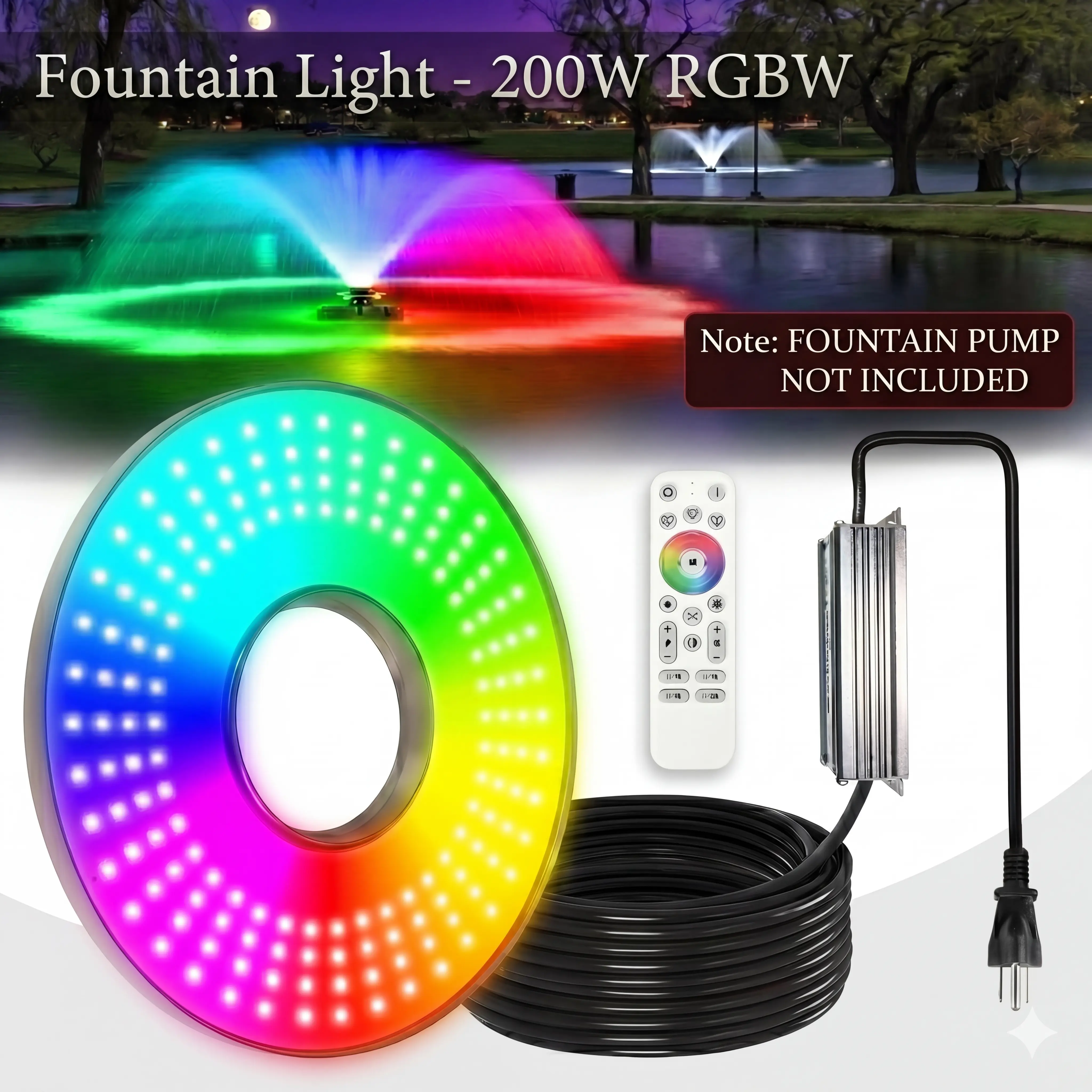 Goldlife F0 RGBW Colorful LED Lighted Garden Fountain Light, 110V 200W 20000LM IP68, No Pump, 100FT Wireless Control & Sync, Unique Remote, 100FT Power Cord, for Outdoor Pond Lake Jet Fountain Systems, Colorful Led Fountain
