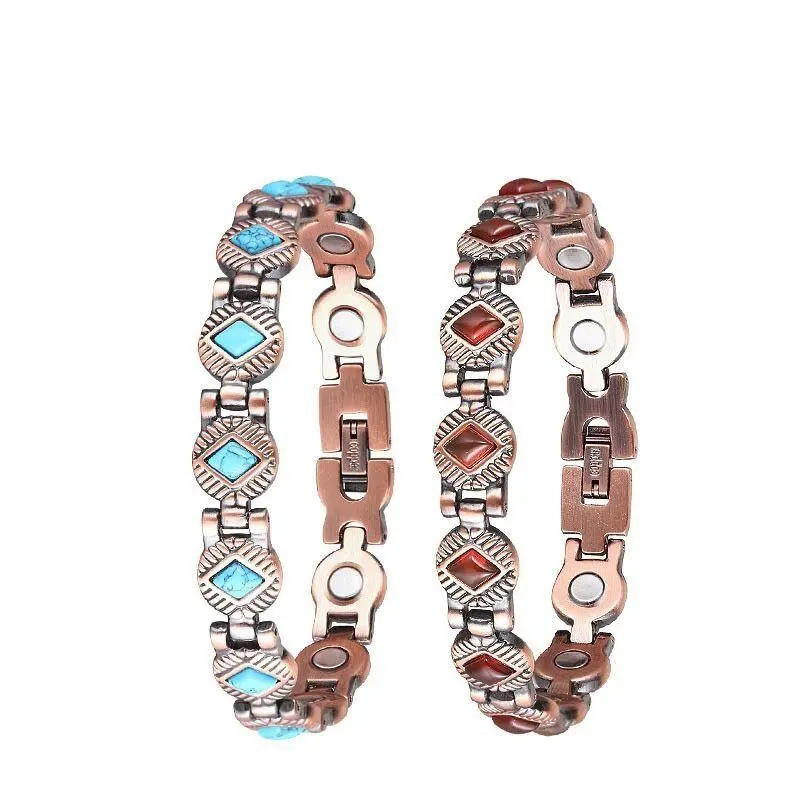 Copper Cuff Bracelet with Vintage Geometric Turquoise & Agate Inlay, Magnetic Closure for Daily Wear, Birthday Gift for Friends & Couples, Gemstones, Magnetic Cuff