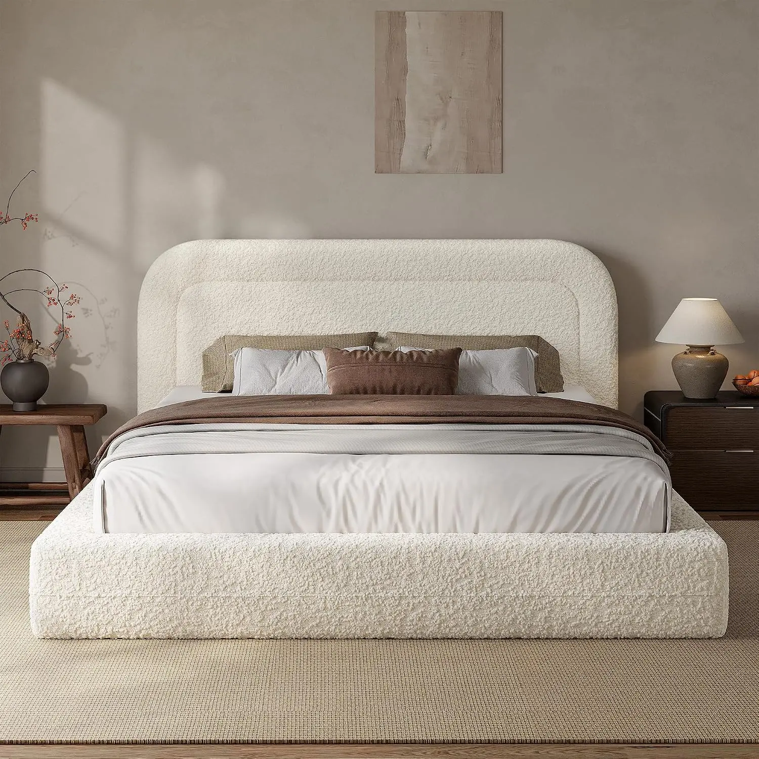 Homkdom Cloud Bed Frame Queen Size with 5.1" Headboard for Minimalist Room | Boucle Fabric, Fully Cushioned Foam, Easy Assembly, Box Spring Included, Fully Cushioned Foam for Active Homes, Beige