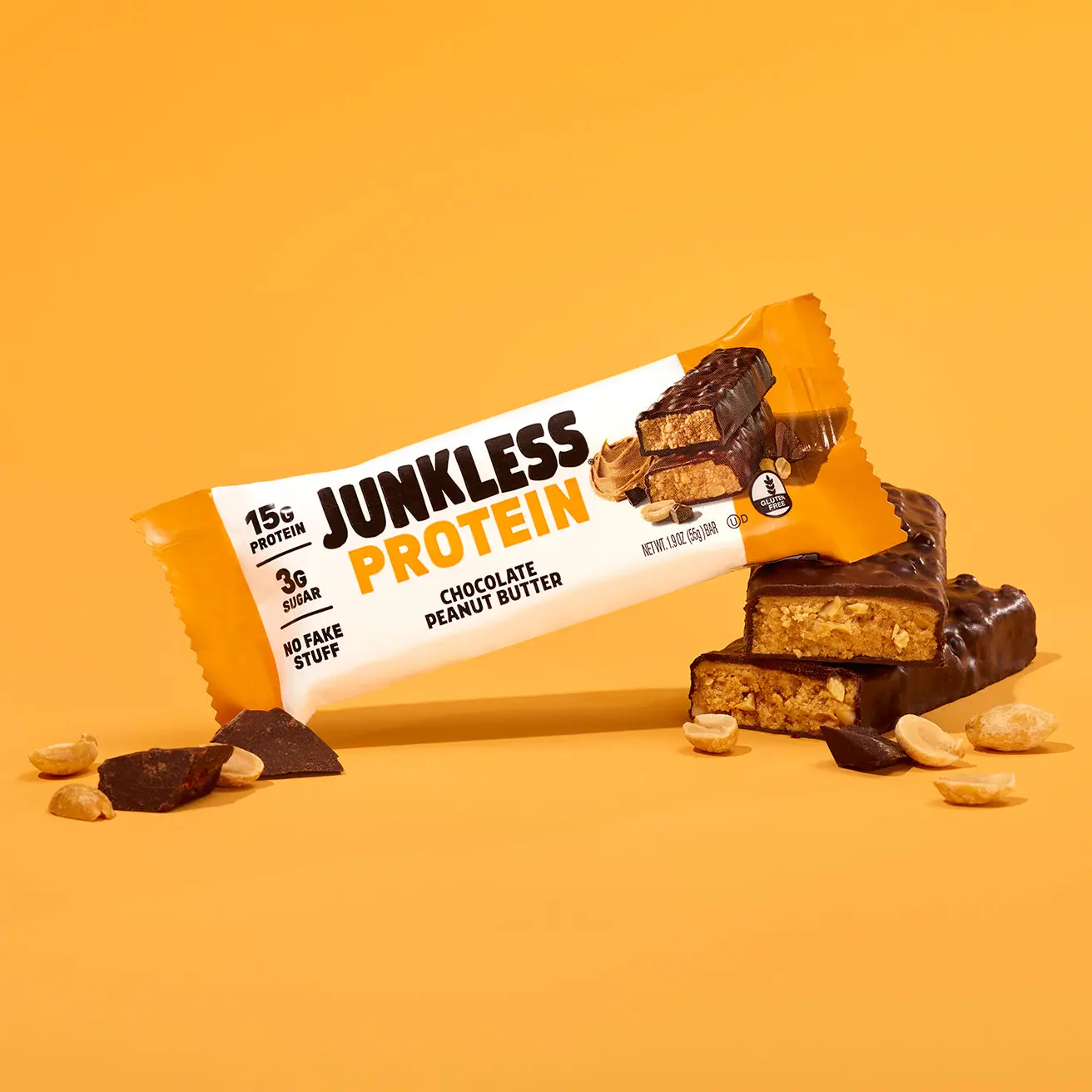 JUNKLESS Protein Bars Chocolate Peanut Butter (12 ct) - 15g Protein, 3g Sugar, High Fiber, Gluten Free, Clean Ingredients