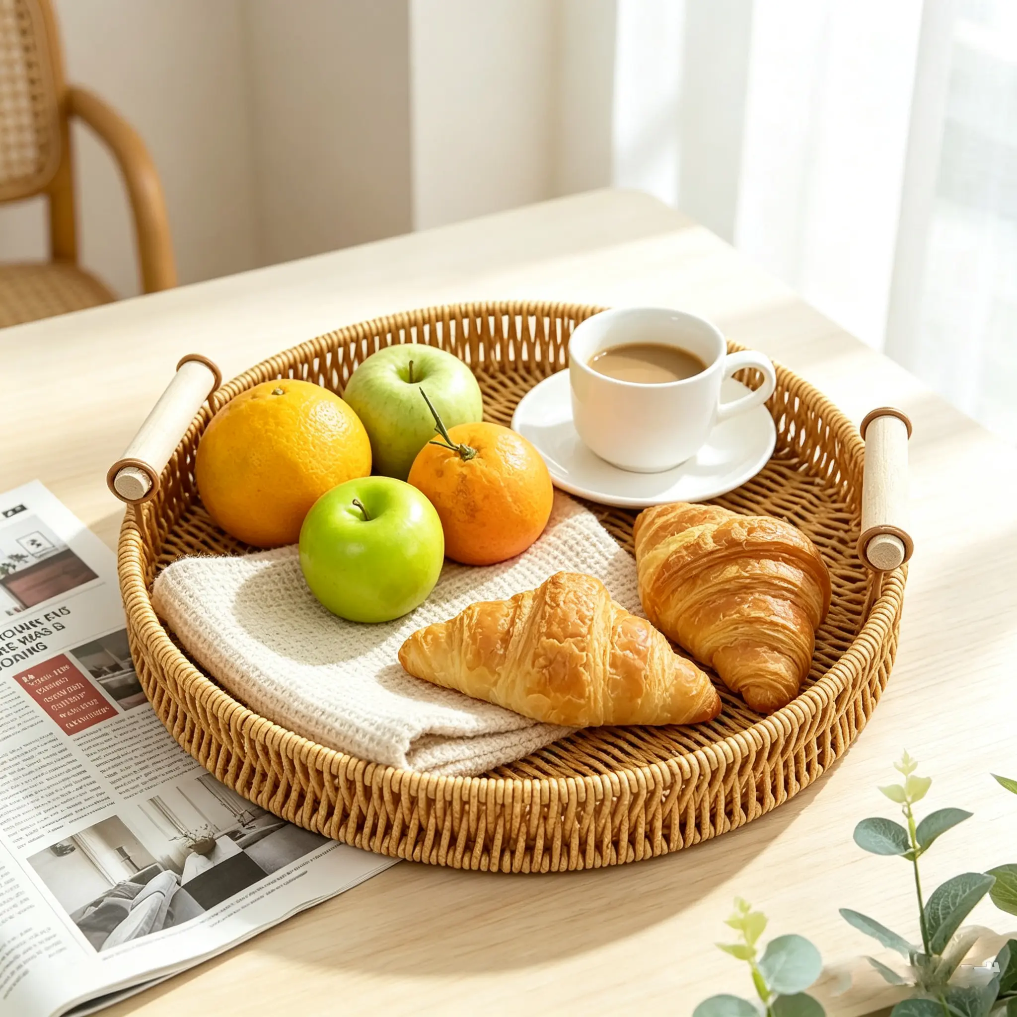 Natural Rattan Wicker Round Retro Decor Basket Tray with Handles - High-Quality Craftsmanship, Home Organizer for Room & Family Tables, Anniversary Gift