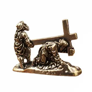 Vintage Brass Jesus Back Cross Figurine, Antique Finish Christian Desktop Decoration, Antique Religious Statue, Home Office Prayer Craft, Catholic Faith Art Gift, Religious Ornament